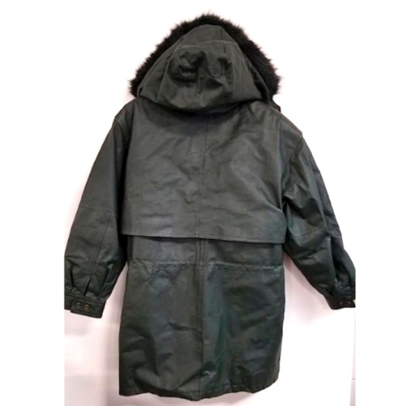 Vintage women's forest green leather trench with removable fur hood, size M - Picture 4 of 4
